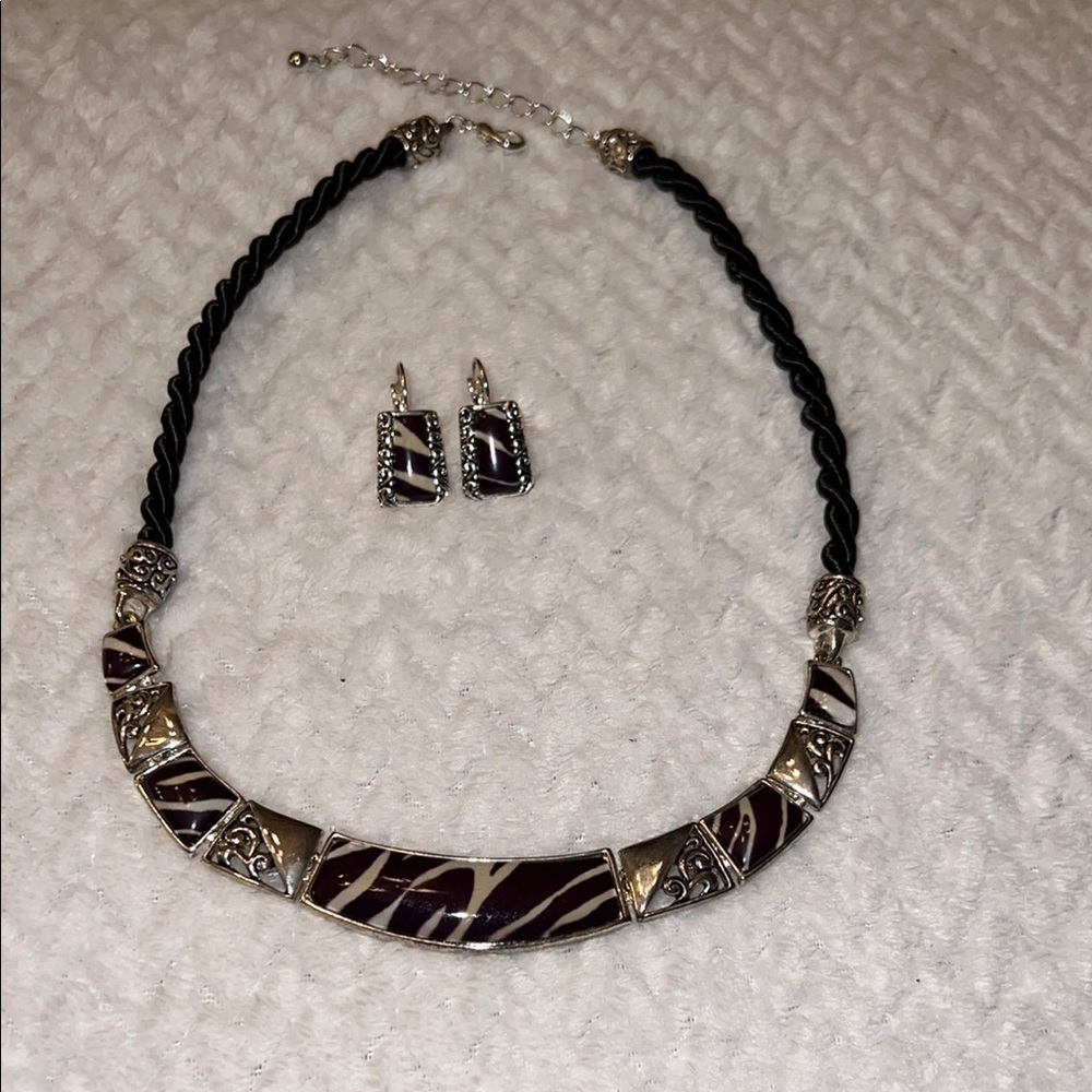 Fashion Necklace and Earrings Silver Tone with Black Animal Print